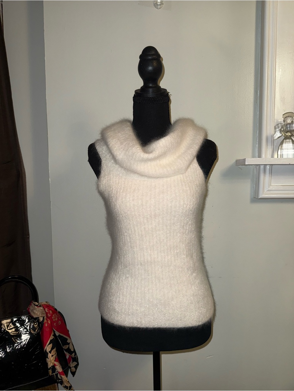 bebe Cream Sleeveless Cowl Neck Fuzzy Angora Blend Sweater